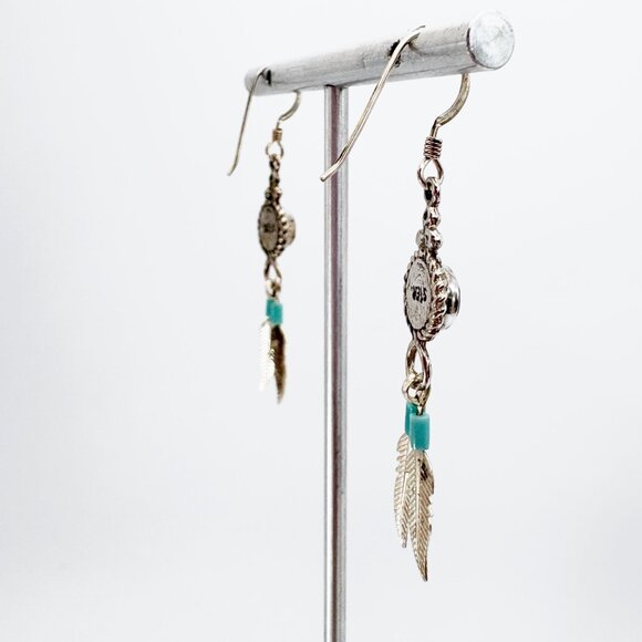 Sterling Silver 925 Zuni Turquoise Coral Inlay Feather Dangle Earrings 2" Length - Picture 3 of 8